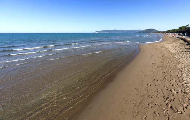 Spiaggia sabbiosa con onde delicate e mare calmo sotto un cielo limpido.
