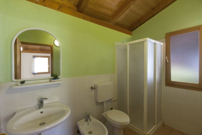 Un bagno con doccia, lavabo, bidet e specchio su parete verde chiaro.