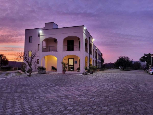 Edificio moderno con archi e luci accese al tramonto.