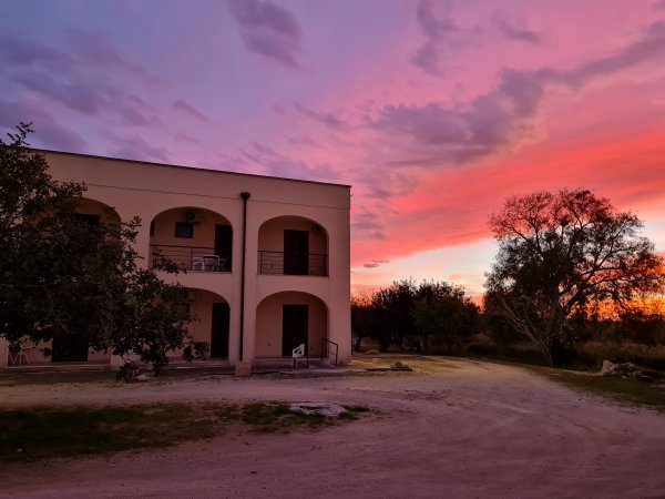 Edificio con arcate al tramonto, cielo rosa e viola, alberi e strada sterrata.