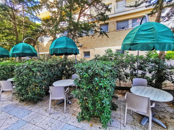 Tavolini con sedie e ombrelloni verdi, circondati da siepi verdi.