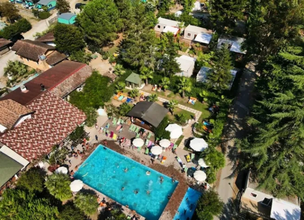 Vista aerea di una piscina circondata da alberi, ombrelloni e edifici.