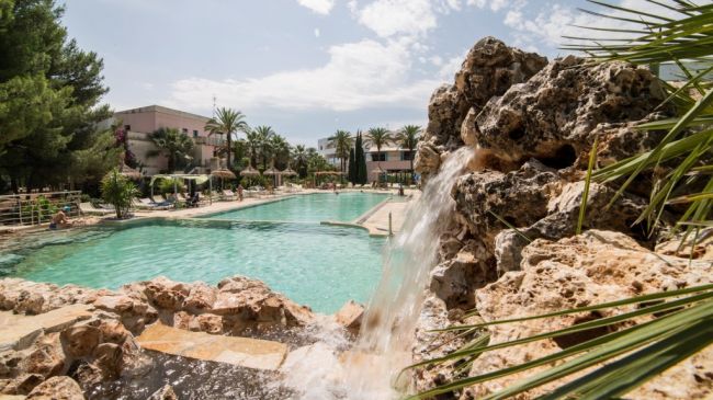 Cascata rocciosa e piscina con palme.