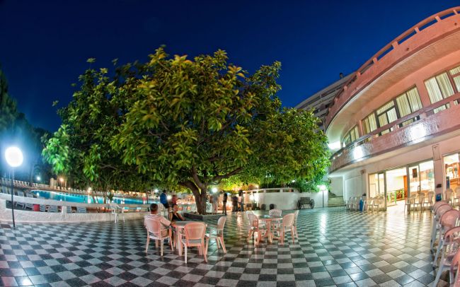 Un cortile con alberi e tavolini all'aperto illuminato di notte.