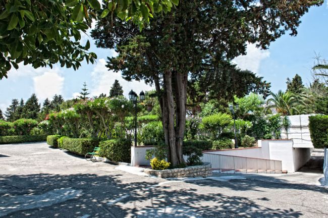 Giardino ombreggiato con alberi, cespugli e una scala discendente.